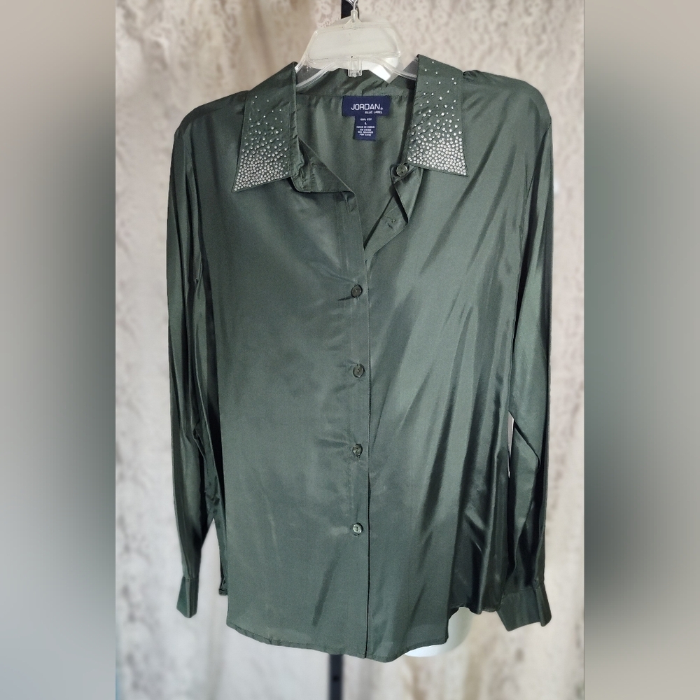 Jordan Women's Olive Silk Button Down Shirt Fancy Crystal Bling Accents Nwot